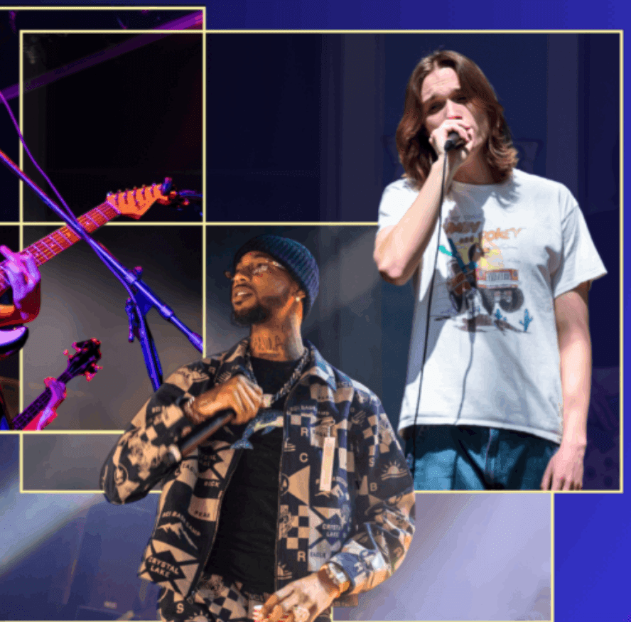 a group of people on stage with guitars and microphones